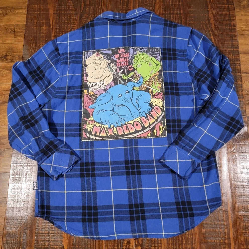 Star Wars Disney Blue Plaid Flannel Shirt Max Rebo Band Patch Size L